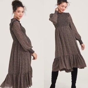 Hatch Lana Maternity Boho Midi Dress in Mocha Ditsy Color - Size 1